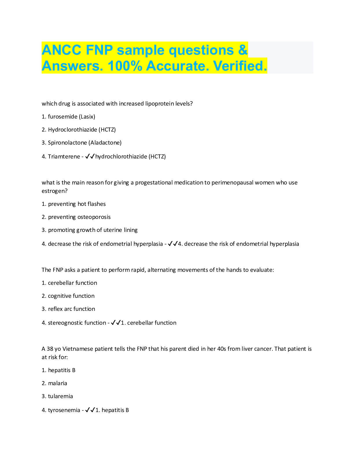 Preview image for ANCC FNP sample questions &  Answers. 100% Accurate. Verified.